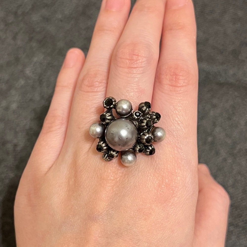 Black grey faux pearl bead rings #gothjewellery